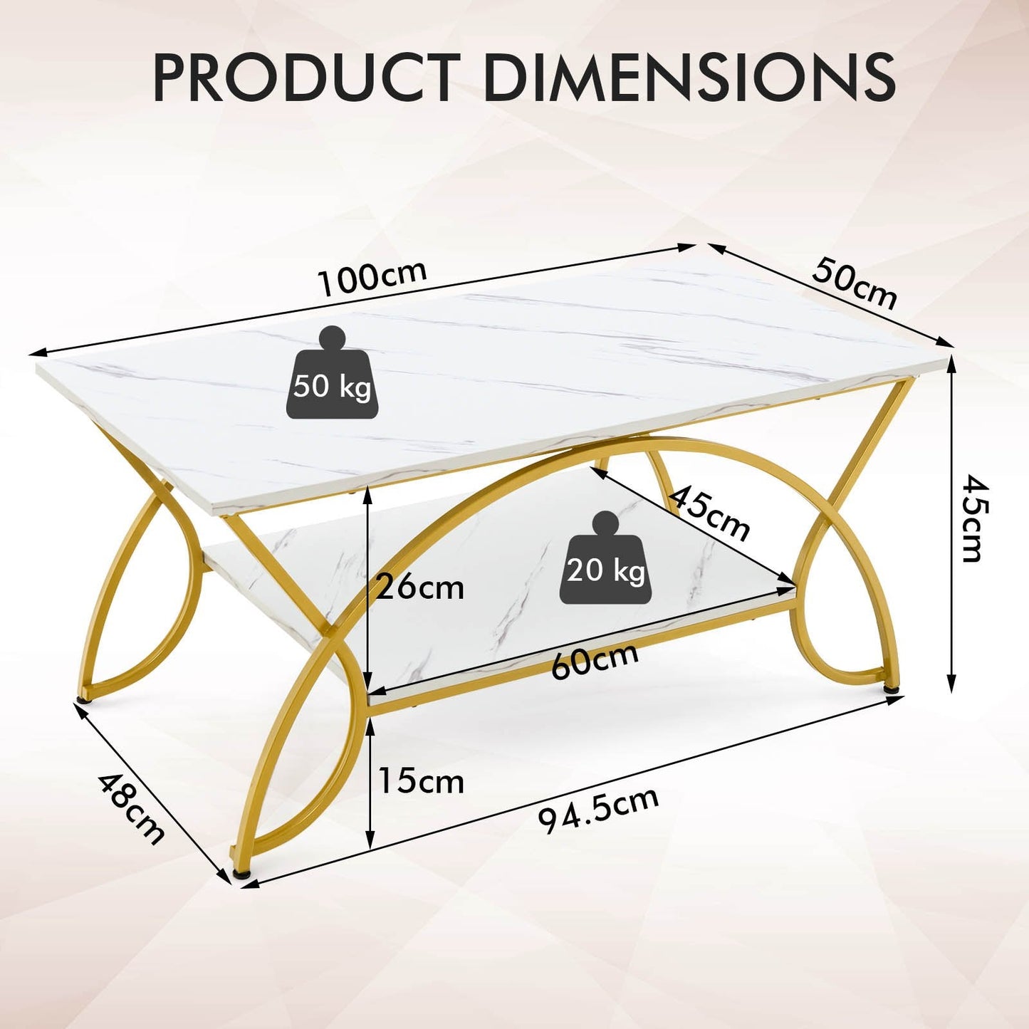 Coast 2-laags Salontafel - Imitatiemarmer - Metalen - Goud/Wit - Max.50 Kg - 100x50x45cm