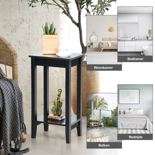 Coast Bijzettafel Zwart 40 x 30 x 73,5 cm – 2-Lagen met Massief Houten Poten