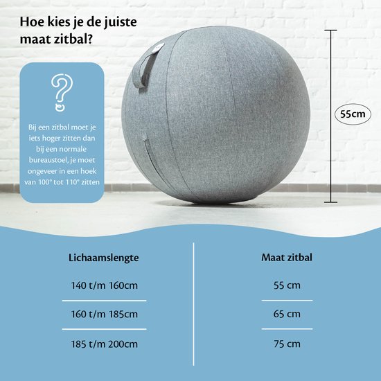 Bckz Zitbal Kantoor en Thuis 55 CM - Luxe Yoga Bal - Zitballen met Hoes - Ergonomische Bureaustoel Bal - Linnen Lichtgrijs