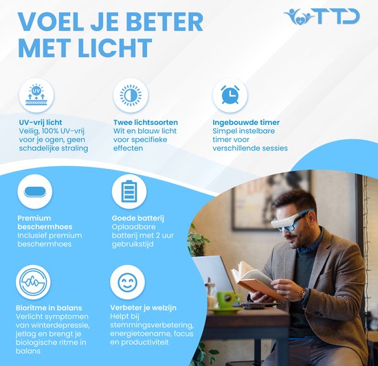 TTD® Lichttherapiebril met Wit & Blauw Licht - Verbetert Stemming, Focus, Energieniveau en Slaap - Daglichtbril - Daglichtlamp - Met Ingebouwde Timer - Oplaadbare Batterij - 100% UV-Vrij - Met Luxe Travel Case