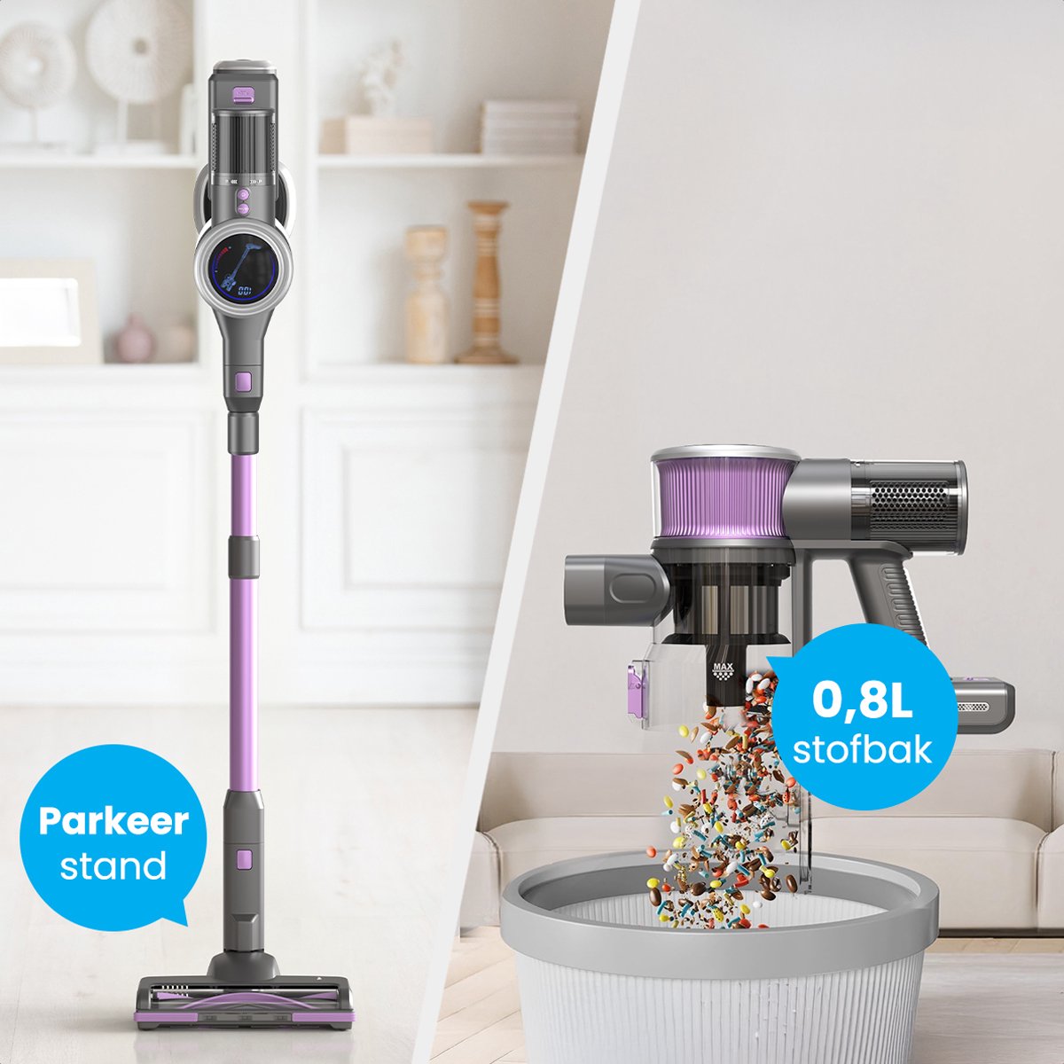 Auronic Steelstofzuiger - Draadloos - 350W - Zelfstaande Stofzuiger - Zonder Zak - Extra Accu - Vacuum Cleaner - Grijs/Paars