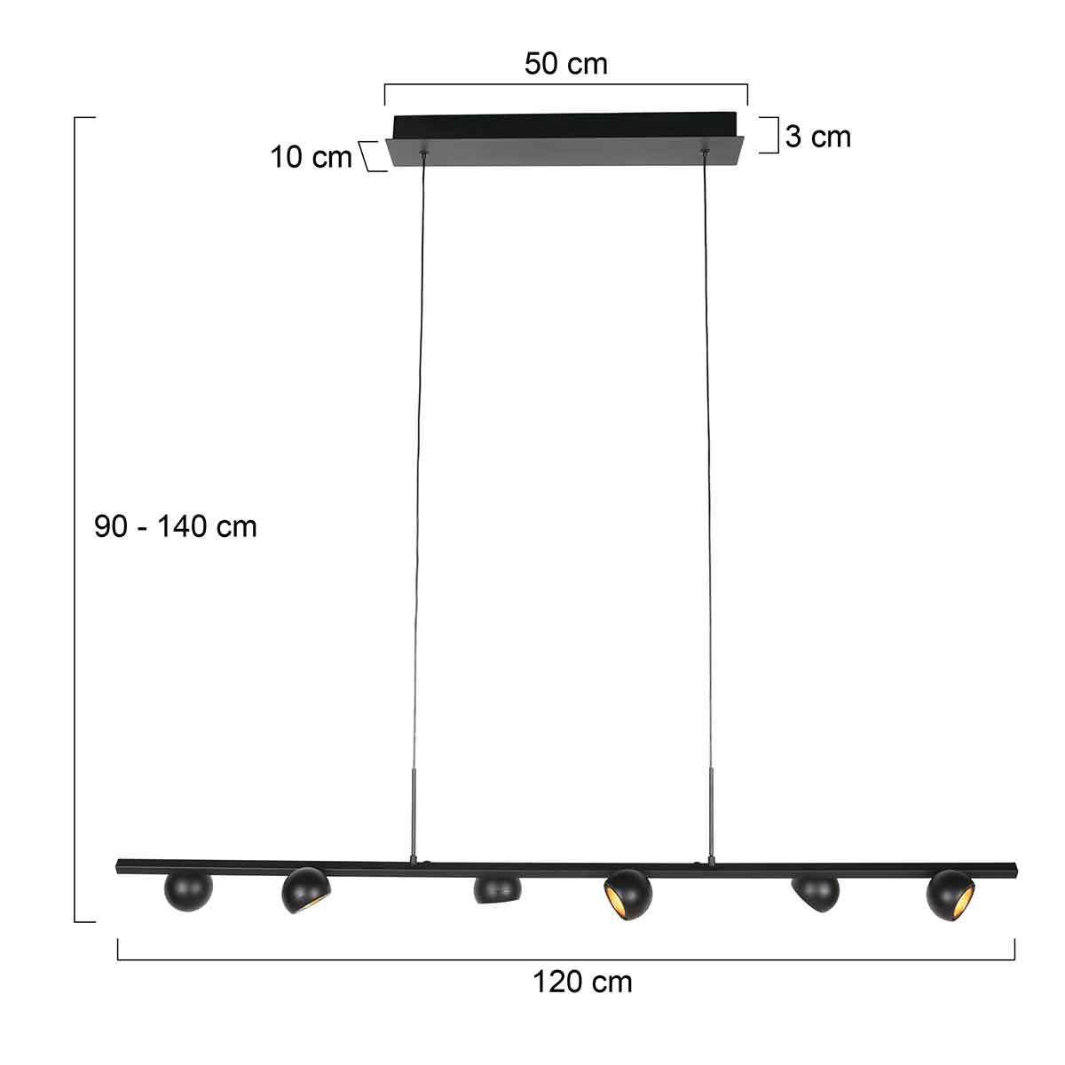 Zwarte hanglamp Marcadore 120cm breed 6 lichts met draaibare reflector kogels, verstelbaar in hoogte, van Steinhauer van kunststof en metaal, modern retro stijl, voor binnen gebruik