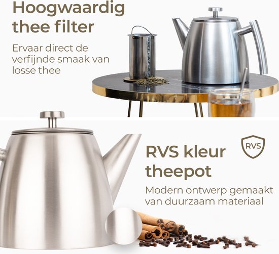 Vaja® Theepot Camille Zilver - Dubbelwandig - 1 Liter - RVS Theekan met Filter & Warmhouder