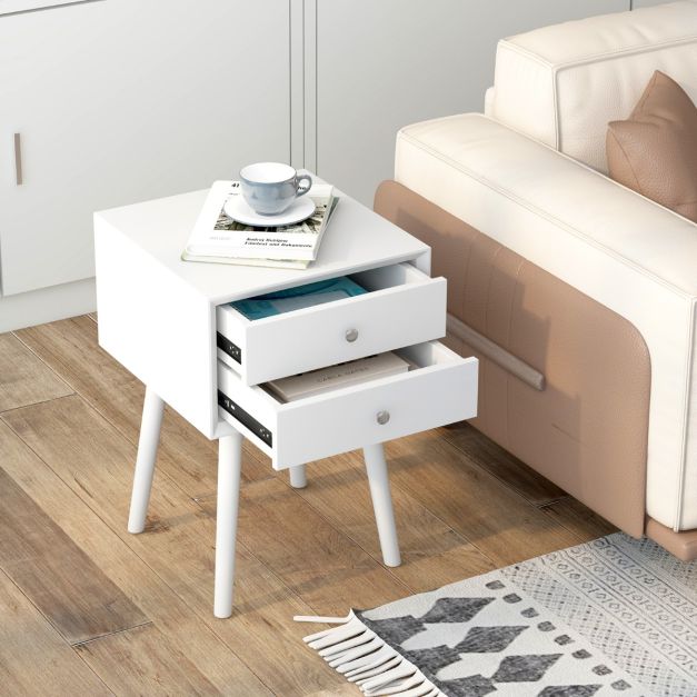 Nachtkastje Wit 40x40x59,5 cm – Houten Bijzettafel met 2 Laden en Verhoogde Poten – Coast