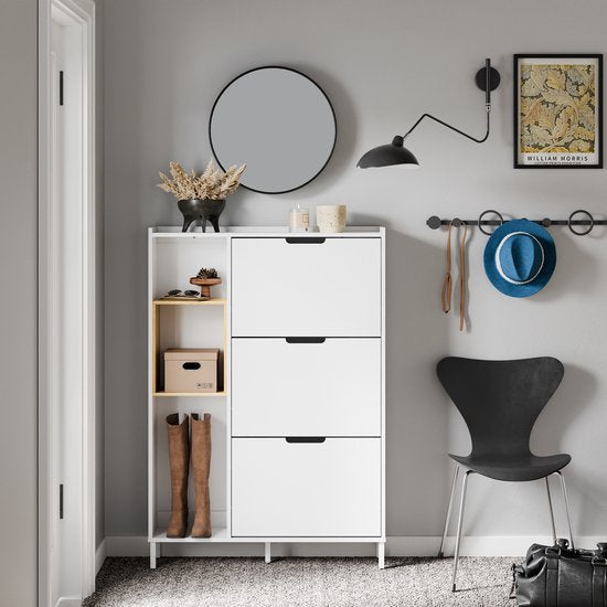 SoBuy FSR209-WN Schoenenkast, wit, compact, opslag voor 9 paar schoenen, ideaal voor kleine ruimtes en woningen, MDF + bamboe, 90 x 19 x 129,5 cm FSR209-WN