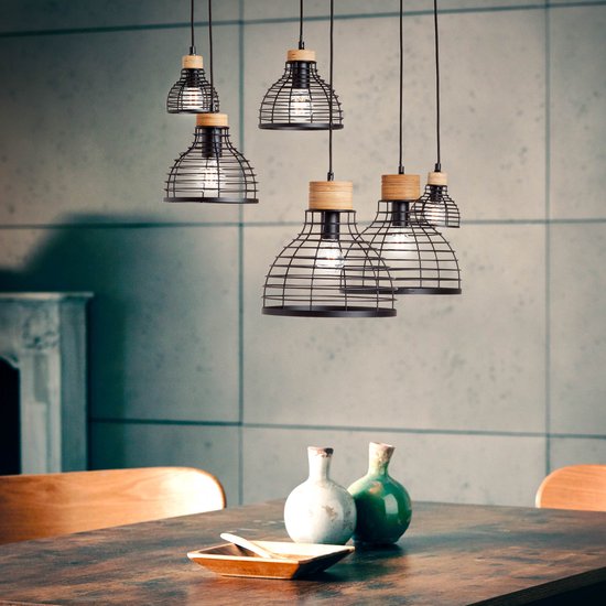 Brilliant Avia - Hanglamp - E27 max 6x40W - Zwart/Houtkleur - 35 x 95 x 140 cm