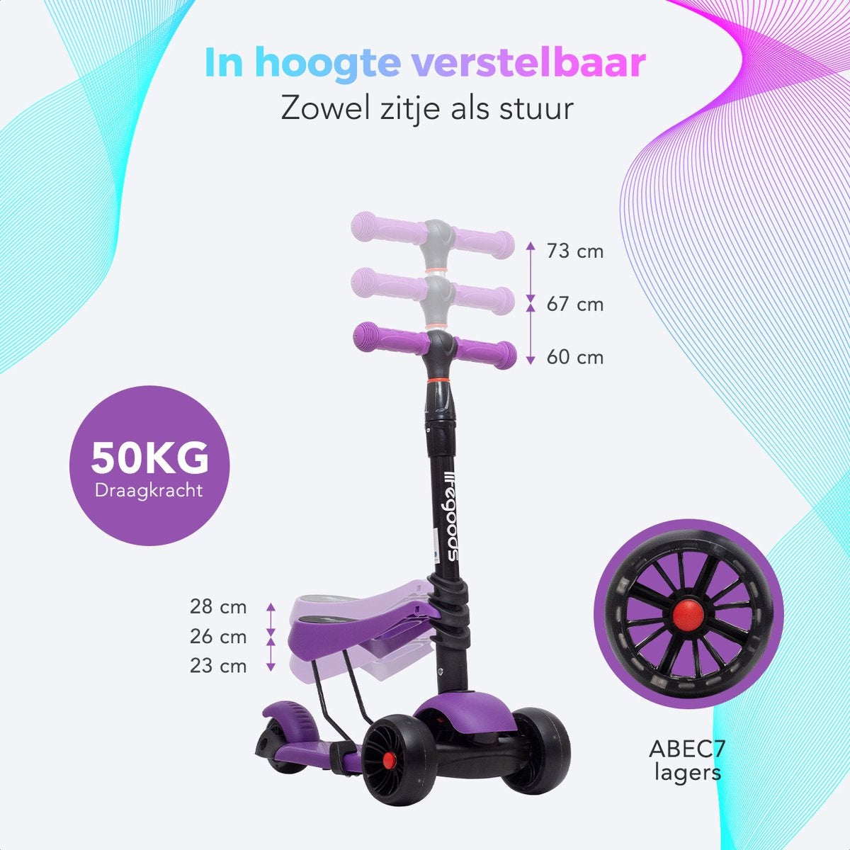 LifeGoods MultiRider Kinderstep - Step 3-8 Jaar - Verstelbaar Zitje - Lichtgevende Wielen - Jongens/Meisjes - Paars