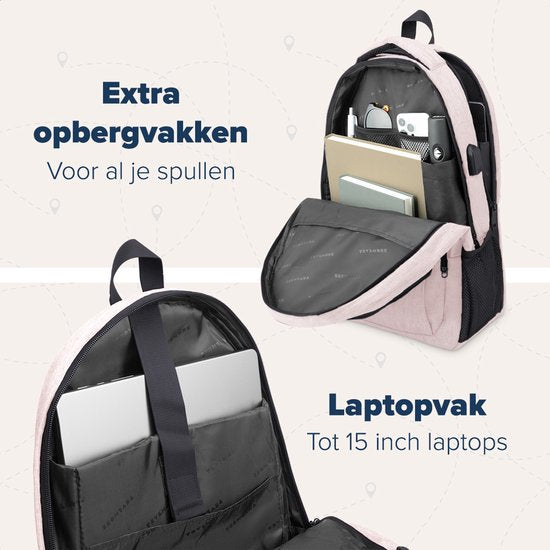 TRVLMORE Rugtas - 28L - 15,6 Inch - Laptop Rugzak met USB - Antidiefstal - Heren en Dames - Tas Roze