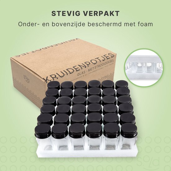 S.old - 36 Glazen Kruidenpotjes vierkant met Deksel Zwart - Kruidenstrooier - Complete set met Strooideksels, Voorbedrukte Stickers en Trechter - Inhoud 120 ml - 10,5 x 4,3 cm