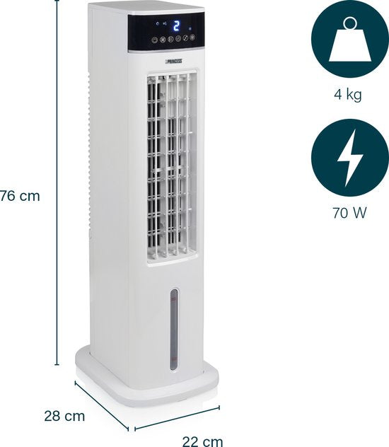 Princess Slimme Aircooler met App & Afstandsbediening – Luchtkoeler Zonder Slang – 3,5L Waterreservoir – Oscillerende Ventilator met Verkoeling – Mobiele Air Cooler voor Slaapkamer, Woonkamer, Kantoor – Wit – Energiezuinig – Timer - 358640