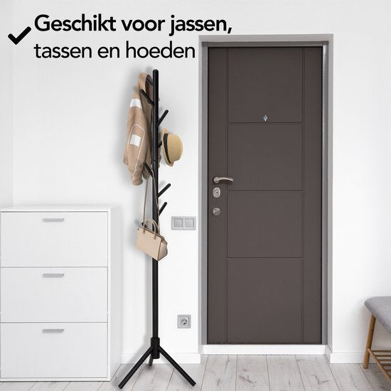Brixy Kapstok - Staande Kapstok - 8 Haken - 175 cm - Kapstok Hout - Garderoberek - Zwart