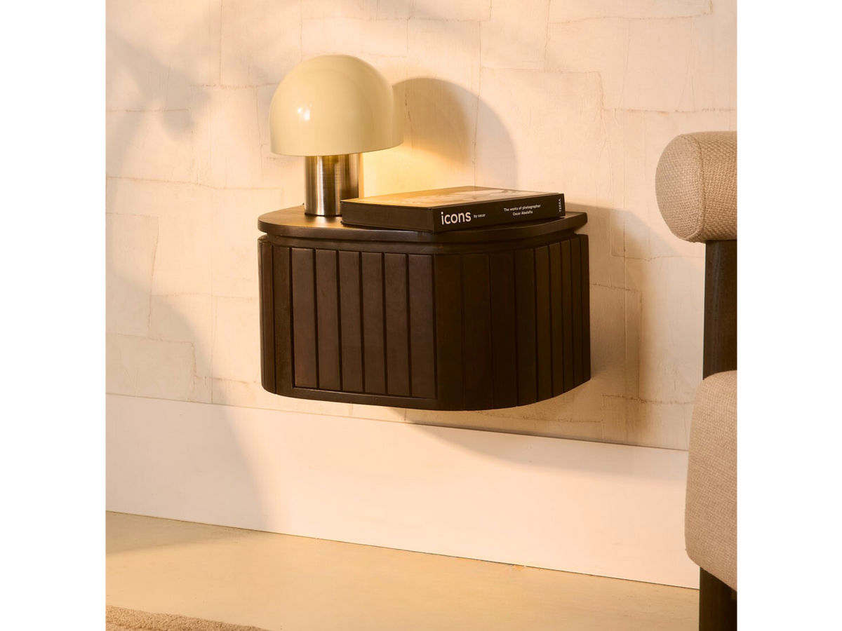 Multifurn Hangend Nachtkastje Mokka – 45 x 30 x 25 cm – Donkerbruin Mangohout Met Latjes-Design En Ronde Vorm – 1 Stuk
