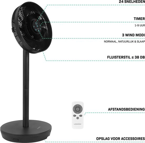 VONROC BREEZE Draadloze Ventilator – Fluisterstil (<44 dB) – 24 snelheden – lichtgewicht en draagbaar - 3 windmodi: Natuurlijk, Slaap, Normaal – Modulair: tafelventilator én vloerventilator – Luxe touchdisplay – Incl. afstandsbediening – Zwart