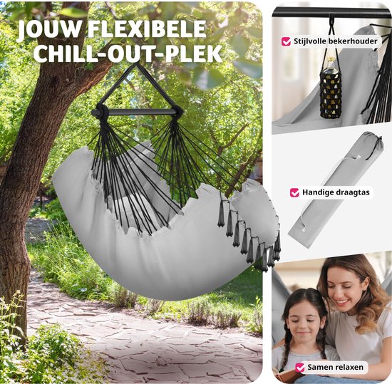 tectake® Hangstoel voor binnen of buiten - Weerbestendig - Met tabletvak en bekerhouder - Macramé schommel voor balkon en tuin - Hangende schommel belastbaar tot 150 kg - Grijs