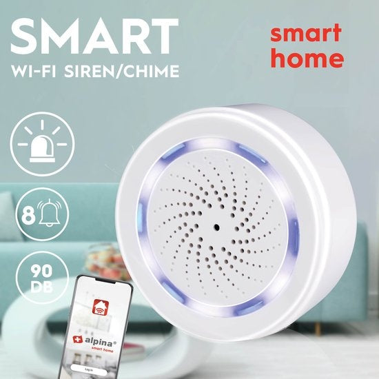 alpina Smart Home Slimme Sirene - Bewegingssensor - 90dB - 8 Geluiden - Alarm voor Binnen
