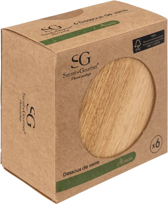 Secret de Gourmet onderzetters - 6x - Acaciahout - D10 cm - rond - gelakt - modern en klassiek