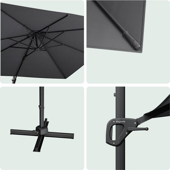 LifeGoods Zweefparasol - 294x294 cm - Kantelbaar - 6 Standen - Waterdicht - met Hoes - Antraciet