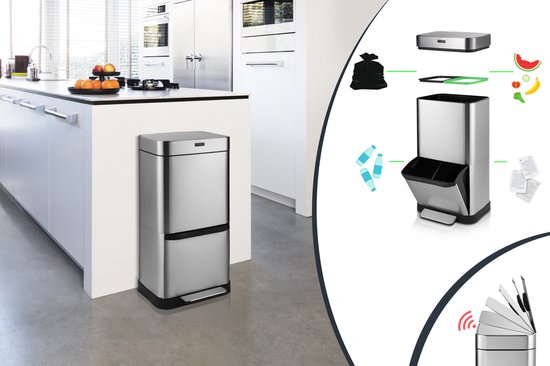 Umuzi Cleaning Zilveren Prullenbak - Met Sensor en Pedaal - 4 Compartimenten - Eenvoudig Afval Scheiden - RVS - 70 Liter - Recyclen - 42 x 30 x 80 cm