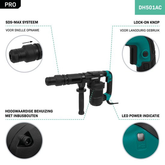 VONROC PRO Breekhamer 1200W - 6kg – slagkracht: 14 Joule – impactsnelheid: 3100 p/m – 5 meter kabel - Incl. zij-handgreep, puntbeitel, platte beitel en tube smeervet