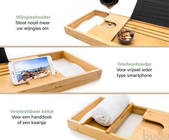 Budu Badplank Bamboe - Badplank hout - Badplank voor in bad - Verstelbaar / Uitschuifbaar - Badrekje - Bamboe badrek - 70-105 cm