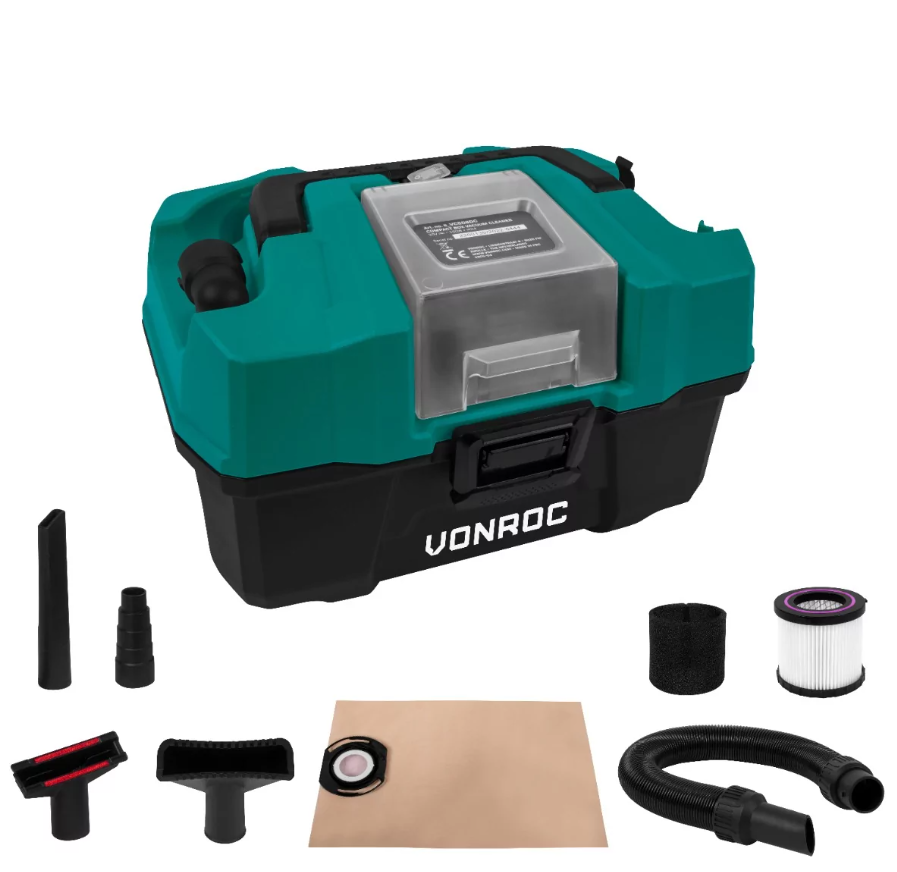 VONROC - Compacte alleszuiger 20V – 2.0Ah - Incl. Accessoires, 2 accu’s en snellader - Groen/Zwart