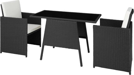 tectake® - wicker zitgroep voor 2 personen, ruimtebesparend buitenmeubilair, 2 fauteuils en 1 tafel, ideale balkonloungeset, tuinmeubelen, terrasmeubilair weerbestendig - zwart - poly-rattan