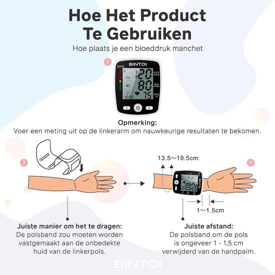 Bintoi® BXE100 - Bloeddrukmeter Pols - Hartslagmeter - USB Oplaadbaar - Incl. Opbergcase - 2 Gebruikers