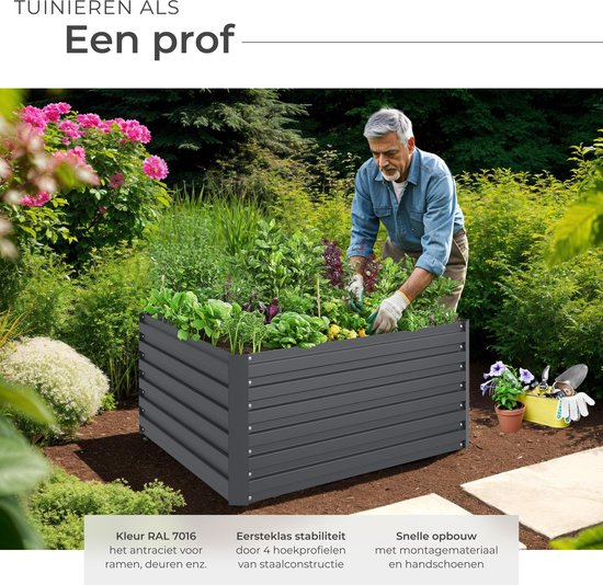 tectake® Verhoogde Plantenbak Blomma - Bloembakken voor buiten Rechthoekig - Inclusief Werkhandschoenen - Verzinkt Staal - Stabiel en Weerbestendig - 120 x 100 x 56 cm - Tuinbed voor Kruiden, Groenten en Bloemen - Antraciet