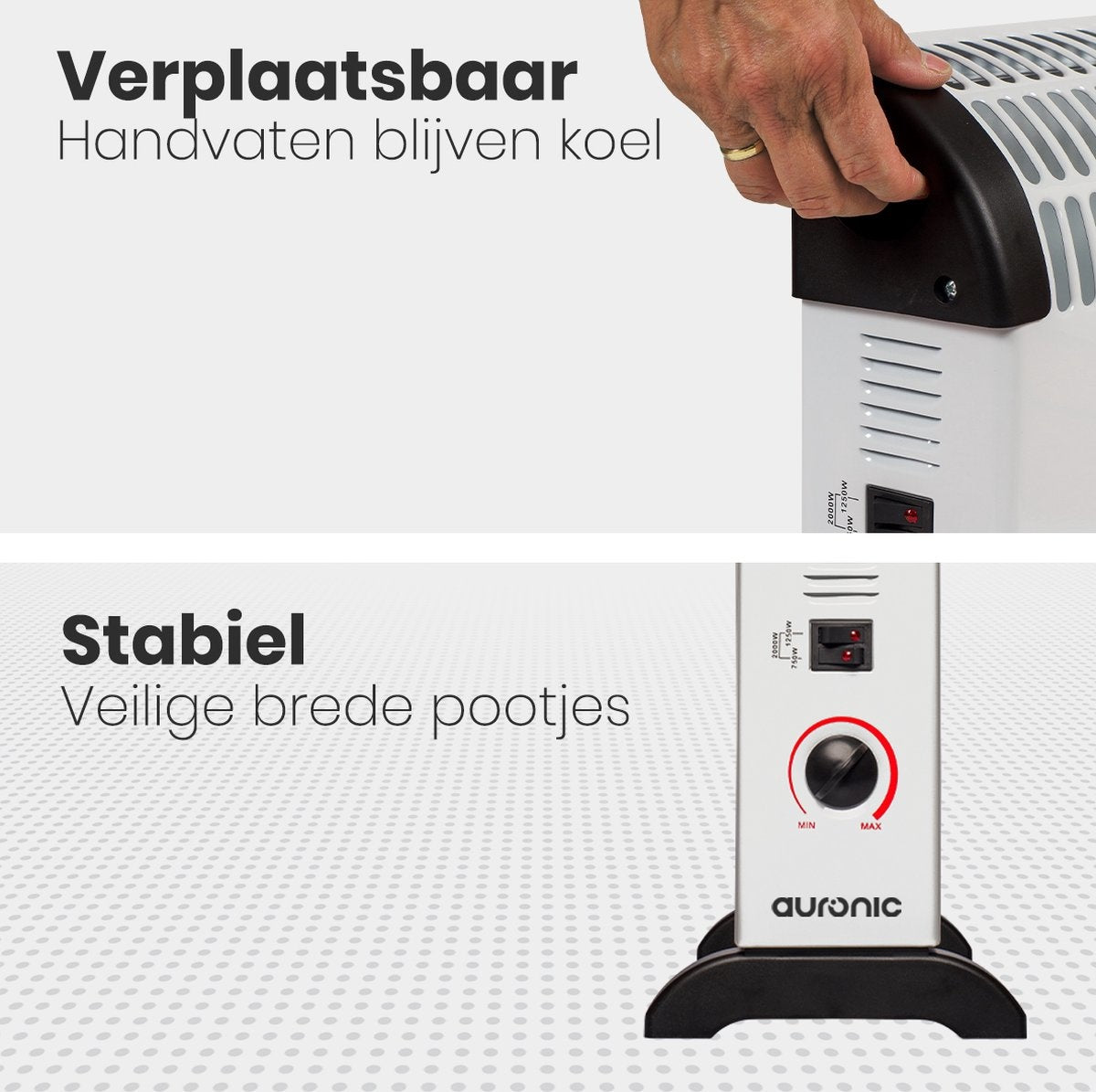 Auronic Elektrische Convectorkachel - 750/1250/2000 Watt - Verstelbare Thermostaat - Wit - 53.5x19.6x38.5