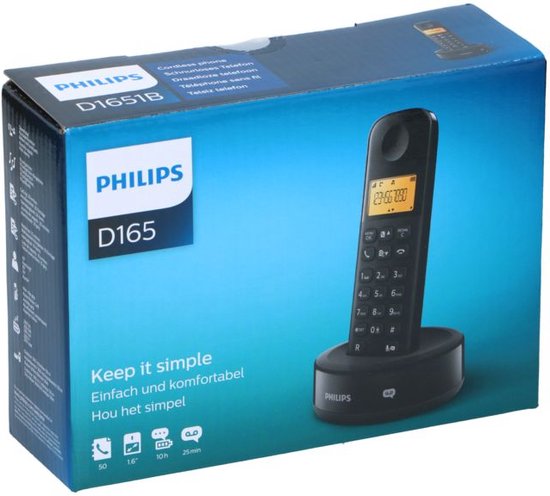 Philips Draadloze telefoon - D1651B/01 - DECT - Huistelefoon - Vaste Lijn - Nummerherkenning - Storingsvrij bereik - Zwart