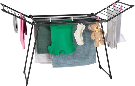 tectake® Droogrek - Wasrek - 18 Meter Drooglengte - Inklapbaar - Staand - Droogrekken met 2 Houders voor Kleine Was - Hoge Zijvleugels voor Lange Kleding - Zwart