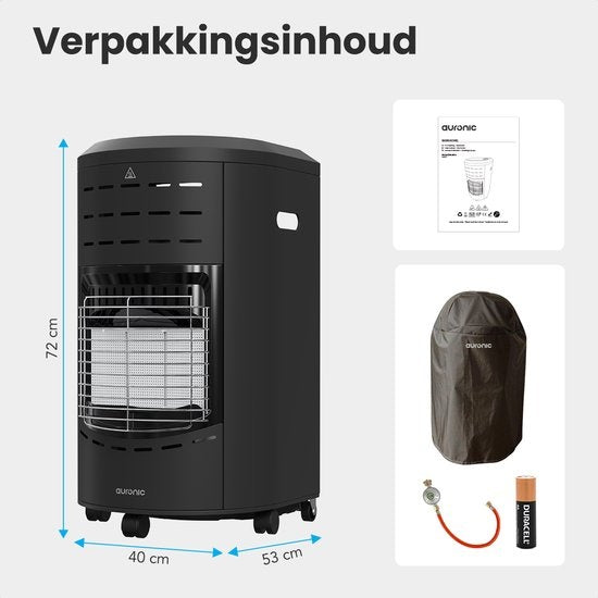 Auronic Mobiele Gaskachel - met Wieltjes - tot 60 m² - 4200W Heater - Inclusief Gasdrukregelaar en Gasslang - Inclusief Opberghoes - Zwart