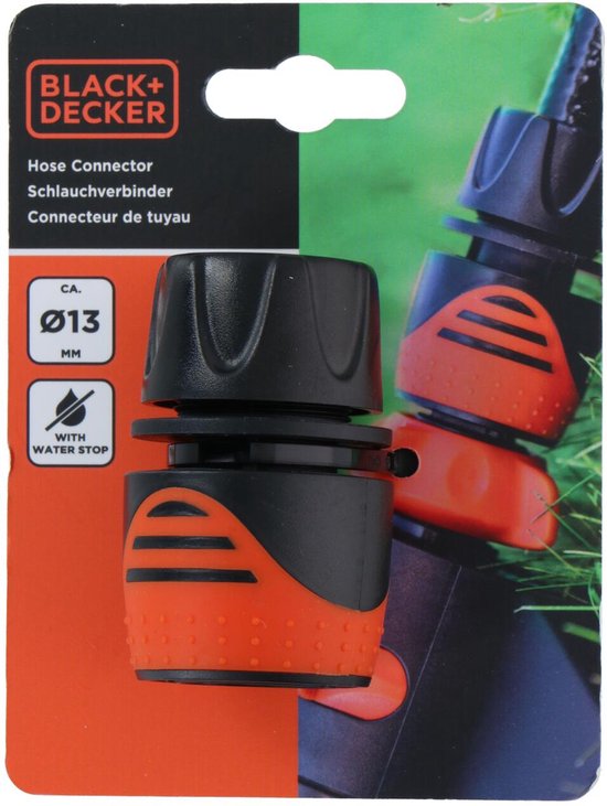 BLACK+DECKER Tuinslang Koppeling 1/2'' - Tuinslangen ⌀13mm - Geïntegreerde Waterstop - Kunststof - Zwart/ Oranje