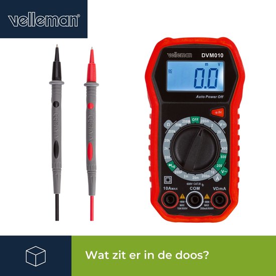 Velleman Digitale multimeter, geschikt voor het meten van AC/DC-stroom, AC/DC-spanning, weerstand, transistor, diodes en continuïteit, inclusief meetsnoeren