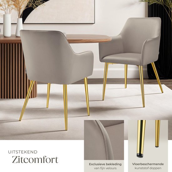 tectake® Eetkamerstoel Avane - Fluweellook - Gestoffeerde stoel met ergonomische armleuningen - Slanke stalen gouden poten - Draagkracht 120 kg - Comfortabele eetkamer- en keukenstoel - Set van 2 - Taupe