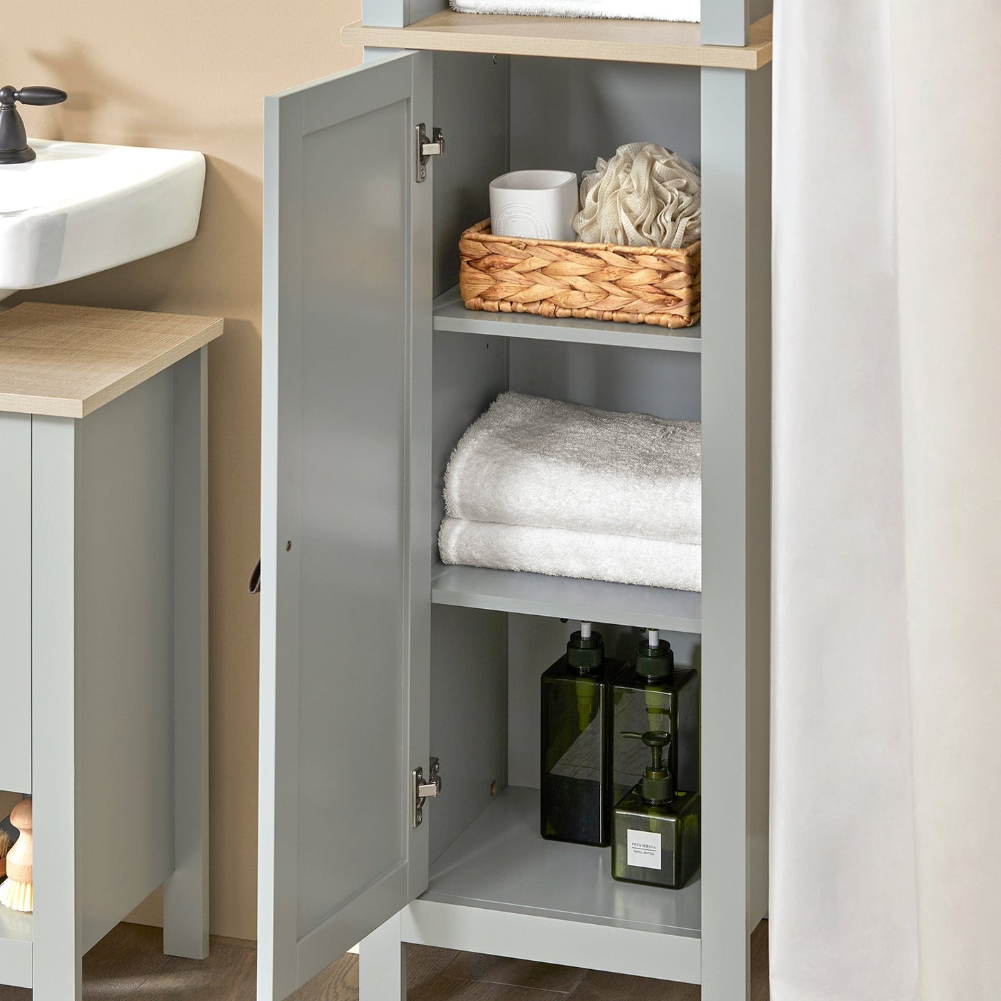 SoBuy Badkamer Kolomkast - 1 Deurs - 3 Planken - 39 x 30 x 169 cm - Grijs