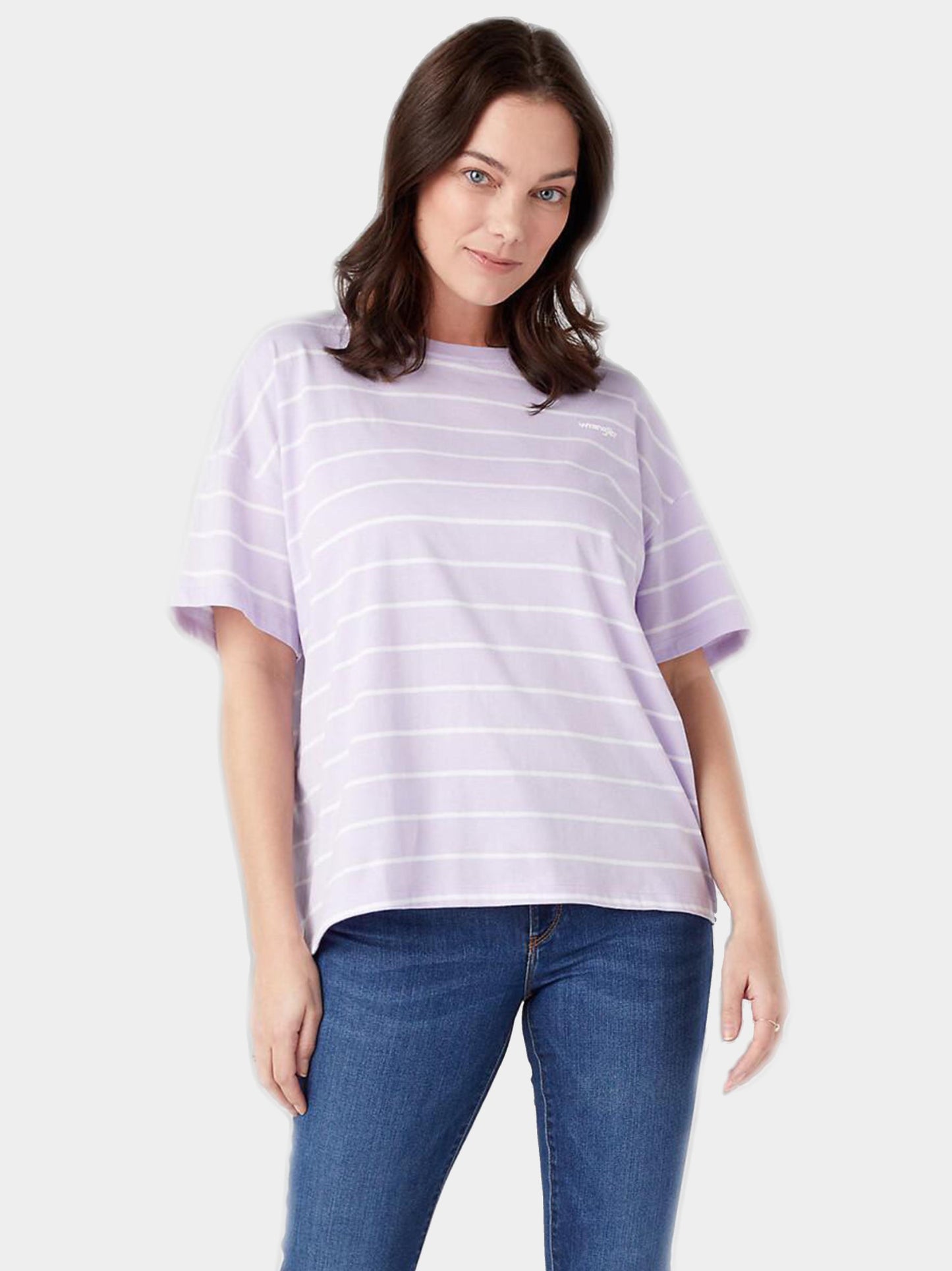 Wrangler Dames T-shirt – Gestreept, Katoen, Maat L, Lavendel/Wit – Oversized Pasvorm, Lengte 62 cm, Bovenwijdte 55 cm