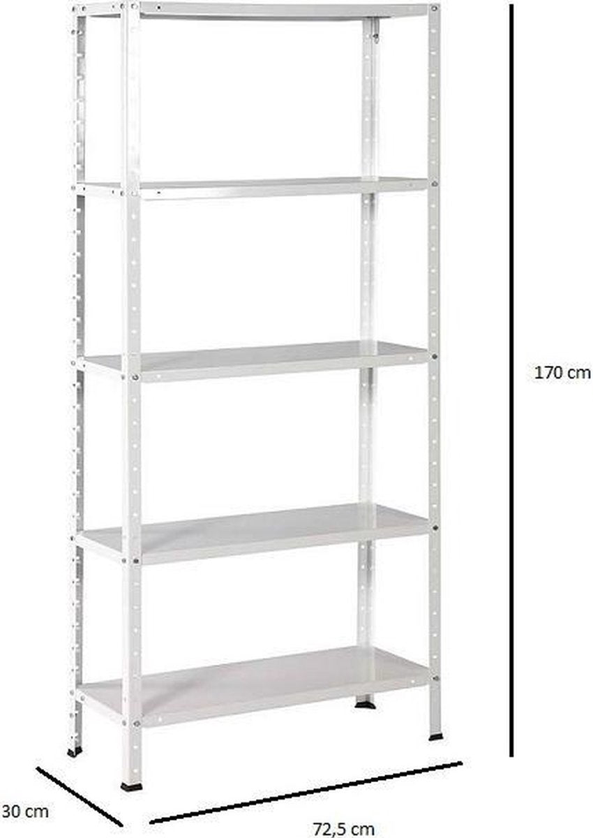Opbergrek - 300 kg draagkracht - 170 cm hoog - 73 cm breed – 5 verstelbare legborden - Metaal - Wit