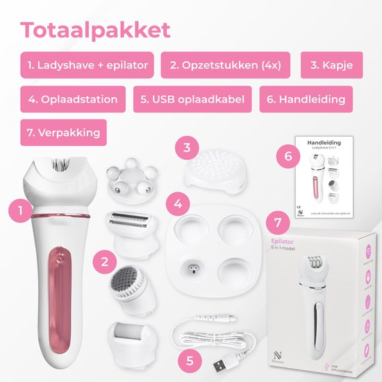 Nuvance - Epileerapparaat dames - Epilator Gezicht - 5 Opzetstukken - Epilators - Gezichtsreiniger - Gezichtsepilator Vrouw - Ontharingsapparaat - Usb Oplaadbaar