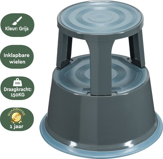 BRASQ Opstapkrukje Premium Grijs - Draagvermogen 150 kg - Opstapkruk - Olifantenvoet - Kantoorkruk - Roltrap - Kruk - Metaal