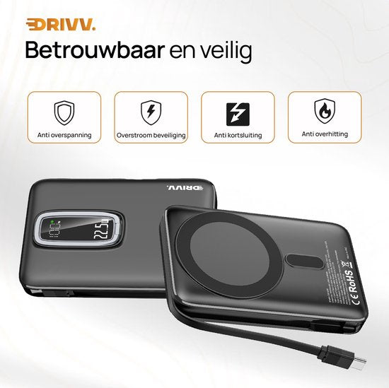 Powerbank 10.000 mAh geschikt voor MagSafe met USB C Kabel - 3 in 1 Ontwerp - 22.5W Draadloze Powerbank - Inclusief 60W Oplaadkabel - Snellaadfunctie - USB & USB C - Zwart