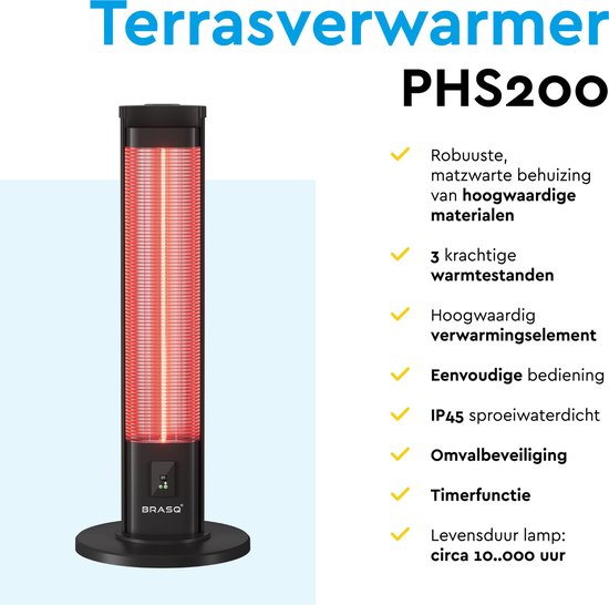 BRASQ Elektrische Terrasverwarmer staand – 2000 watt - 3 warmtestanden – met Afstandsbediening en timer – Infrarood heater – spatwaterdicht – verwarming voor binnen en buiten – Zwart