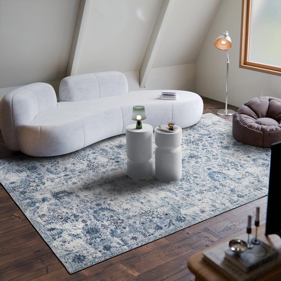 tectake® Vintage design tapijt - laagpolig vloerkleed - Boho vloerkleed - Voor woonkamer, slaapkamer, kinderkamer of tienerkamer - Wasbaar - 240cm x 340cm - blauw
