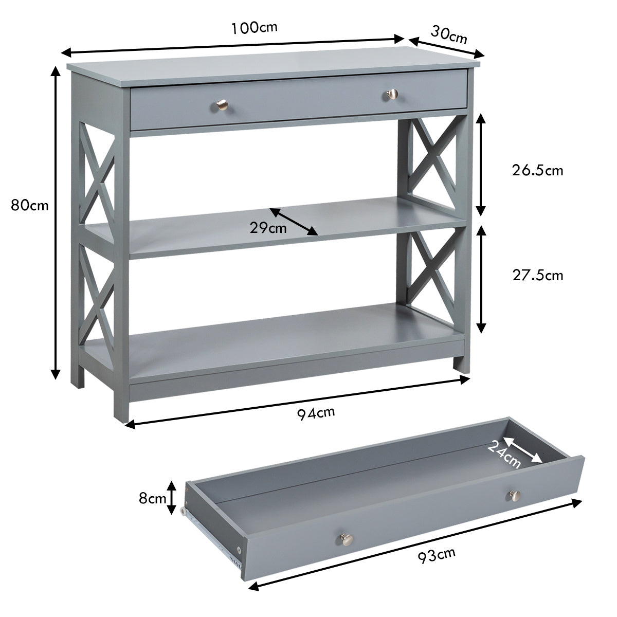 Coast Console Tafel 3 Niveau met Lade Houten Haltafel 100 x 30 x 80 cm Grijs