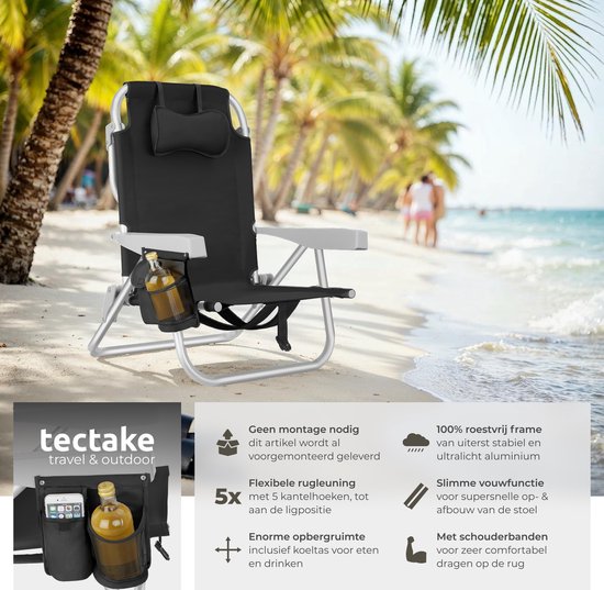 tectake® Strandstoel Coral - Opvouwbare Campingstoel met Koeltas en Opbergtas - 5-voudig Verstelbare Rugleuning met Hoofdkussen - Brede Armleuningen met Bekerhouder / Telefoonhouder - Inklapbare Kampeerstoel - Zwart
