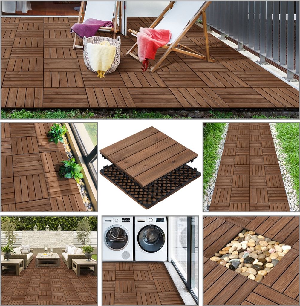Yaheetech Houten Kliktegels - 11 Stuks - Circa 1 m² - 30 x 30 cm - Bruin