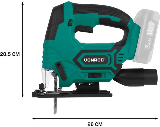 VONROC Accu Decoupeerzaag 20V – 4 pendelstanden – Zaaghoek instelbaar van -45° tot 45° - LED-werklamp – Stofzuig- en blaasfunctie – Incl. 3 zaagbladen - Excl. Accu en oplader