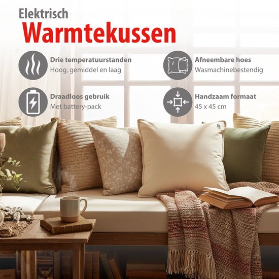 alpina Warmtekussen Oplaadbaar met Powerbank – Warmte kussen Elektrisch met 3 Warmtestanden – Verwarmingskussen met Fleece Hoes – 45x45cm – Beige