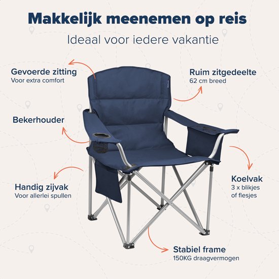 TRVLMORE Campingstoel - Opvouwbaar - XL - Comfortabele Vouwstoel - 150 kg draagvermogen - Drankhouder - Koelvak - Visstoel - Klapstoel - Blauw