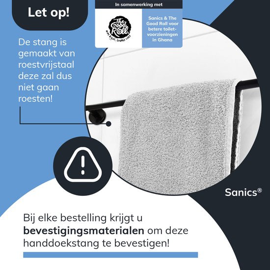 Sanics Handdoekrek 60 cm – Zwart RVS – Inclusief Montageset